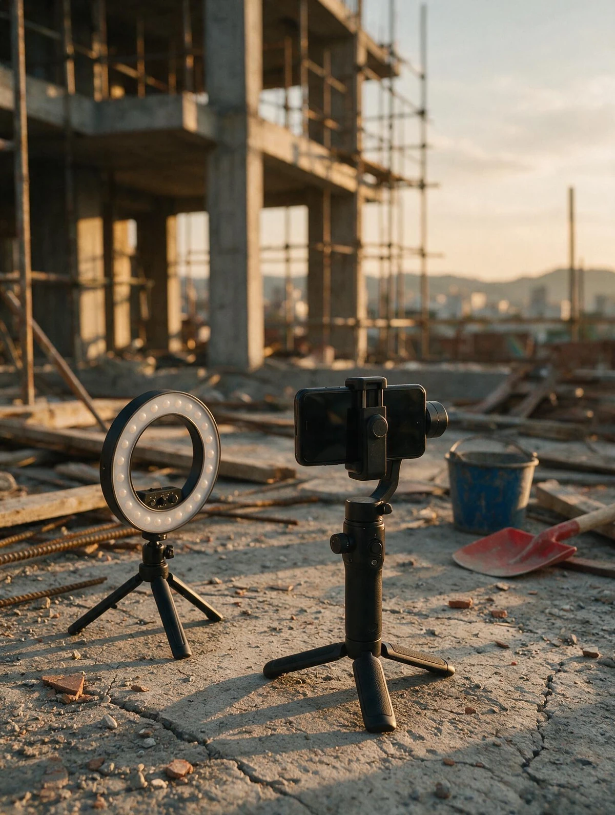 Setup de gravação de conteúdo no canteiro de obra